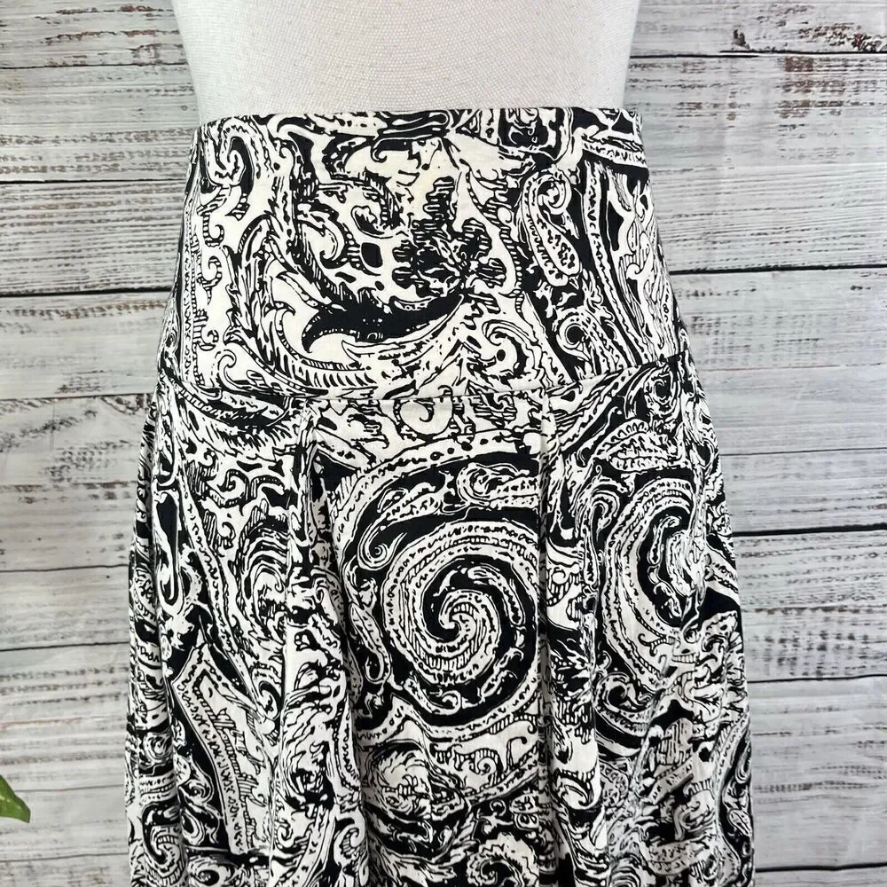 Chaps Skirt size 10 Black White Paisley Knee Full Boho Peasant Modest Summer